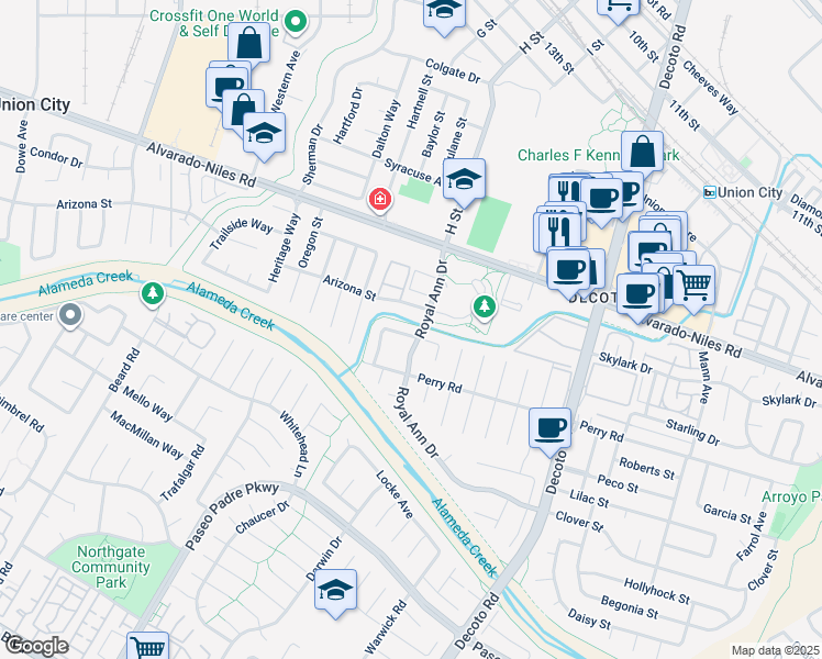 map of restaurants, bars, coffee shops, grocery stores, and more near 34242 Tartarian Way in Union City
