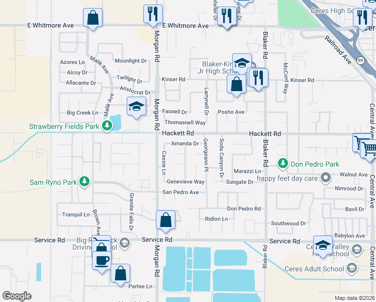 map of restaurants, bars, coffee shops, grocery stores, and more near 1417 Amanda Drive in Ceres