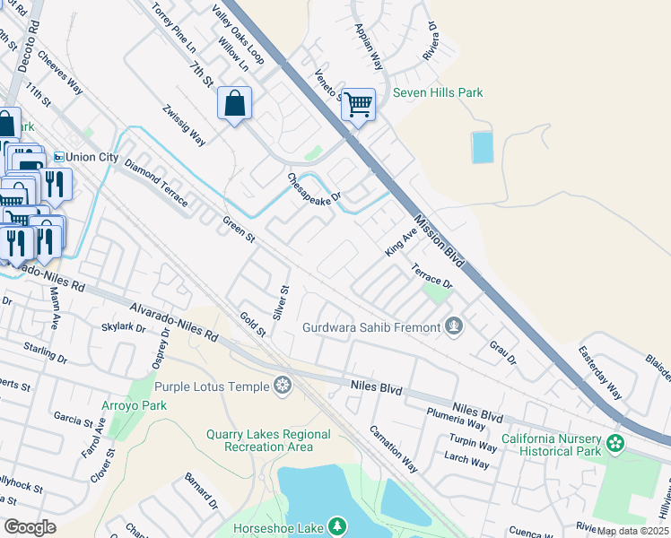 map of restaurants, bars, coffee shops, grocery stores, and more near 457 Calistoga Circle in Fremont