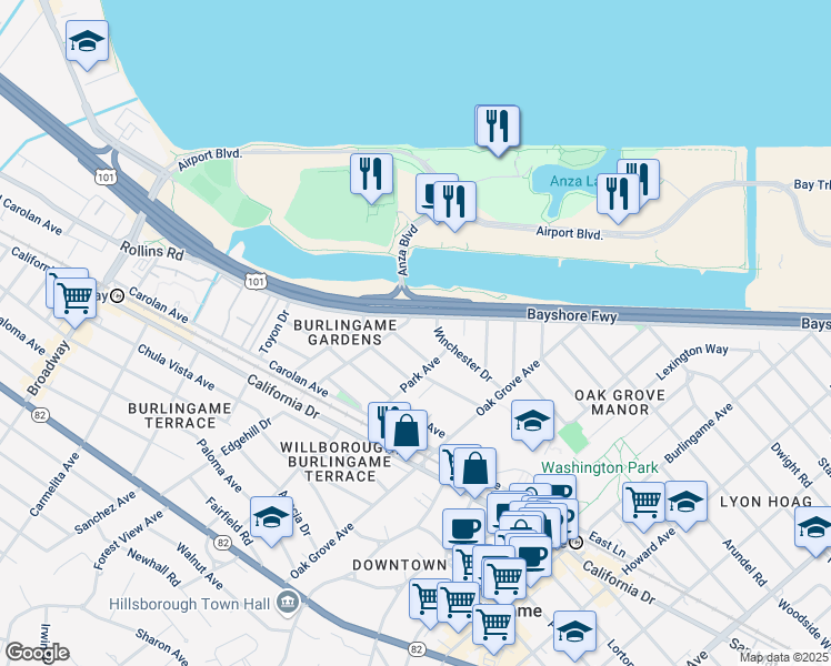 map of restaurants, bars, coffee shops, grocery stores, and more near 821 Winchester Drive in Burlingame