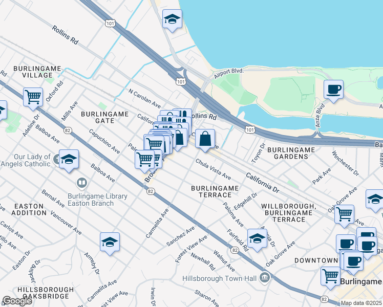map of restaurants, bars, coffee shops, grocery stores, and more near 1190 California Drive in Burlingame