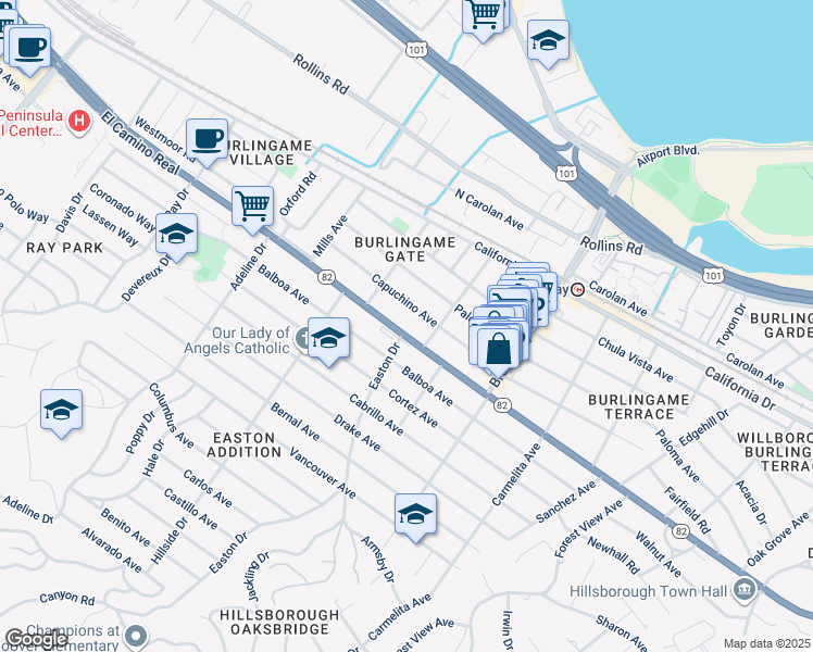 map of restaurants, bars, coffee shops, grocery stores, and more near 1341 Capuchino Avenue in Burlingame
