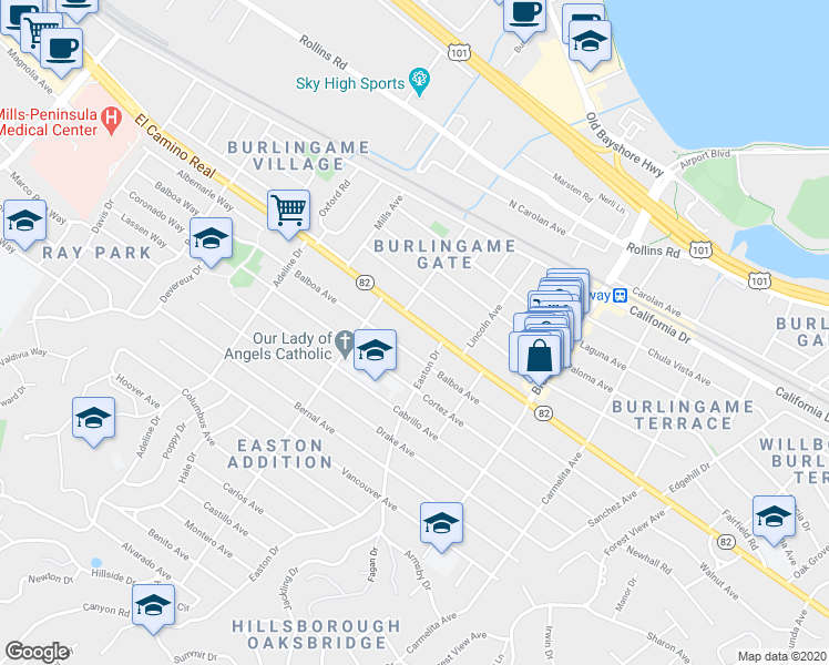 map of restaurants, bars, coffee shops, grocery stores, and more near 1341 Capuchino Avenue in Burlingame