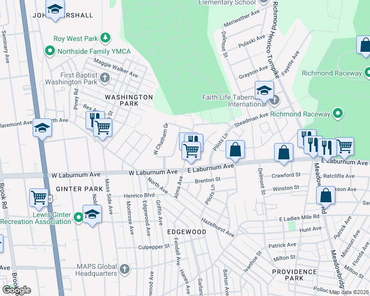 map of restaurants, bars, coffee shops, grocery stores, and more near 3912 Alma Avenue in Richmond