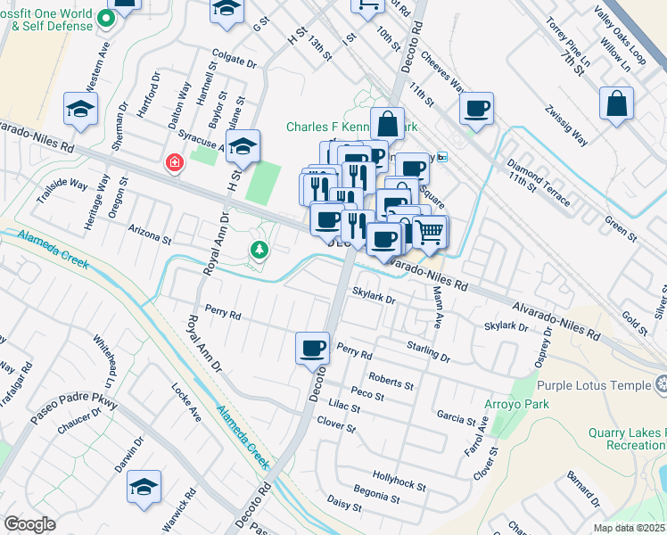 map of restaurants, bars, coffee shops, grocery stores, and more near 2175 Decoto Road in Union City