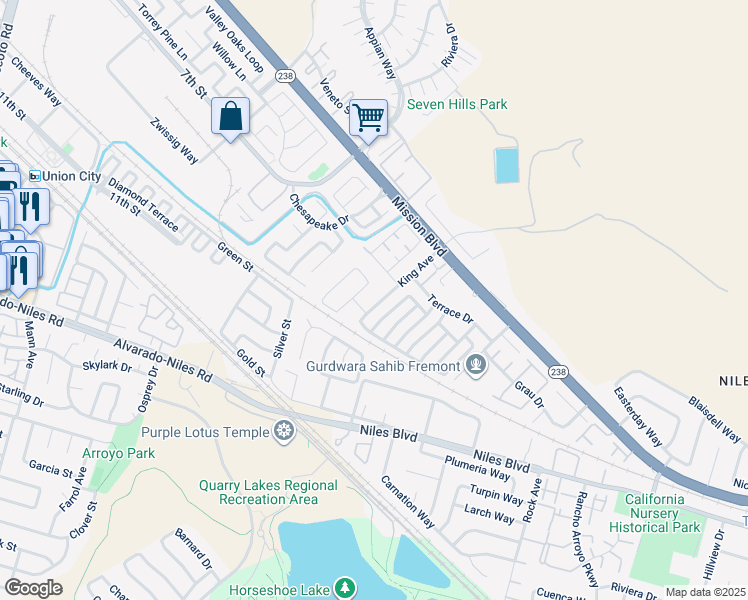 map of restaurants, bars, coffee shops, grocery stores, and more near 409 King Avenue in Fremont