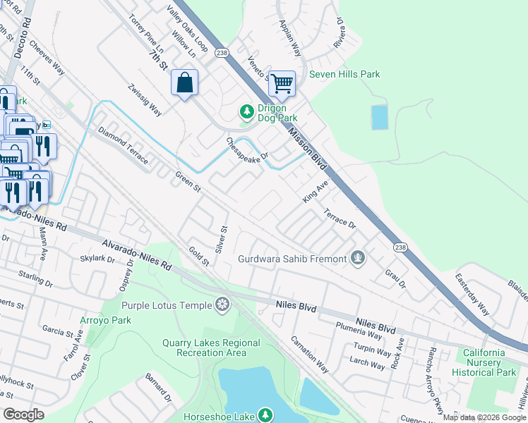 map of restaurants, bars, coffee shops, grocery stores, and more near 457 Calistoga Circle in Fremont
