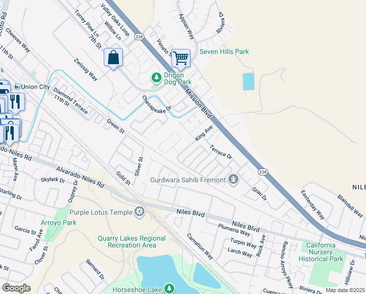 map of restaurants, bars, coffee shops, grocery stores, and more near 409 King Avenue in Fremont