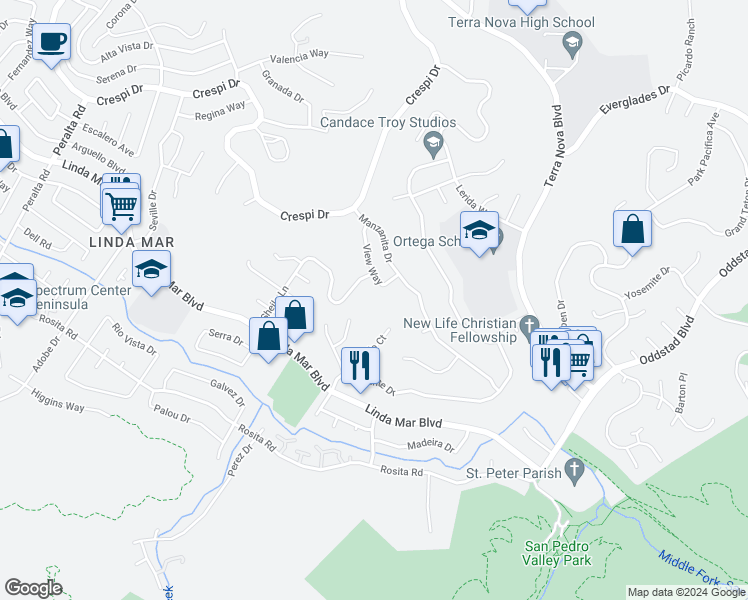 map of restaurants, bars, coffee shops, grocery stores, and more near in Pacifica