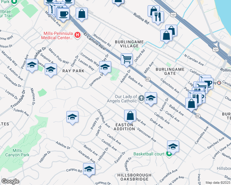 map of restaurants, bars, coffee shops, grocery stores, and more near 1476 Drake Avenue in Burlingame