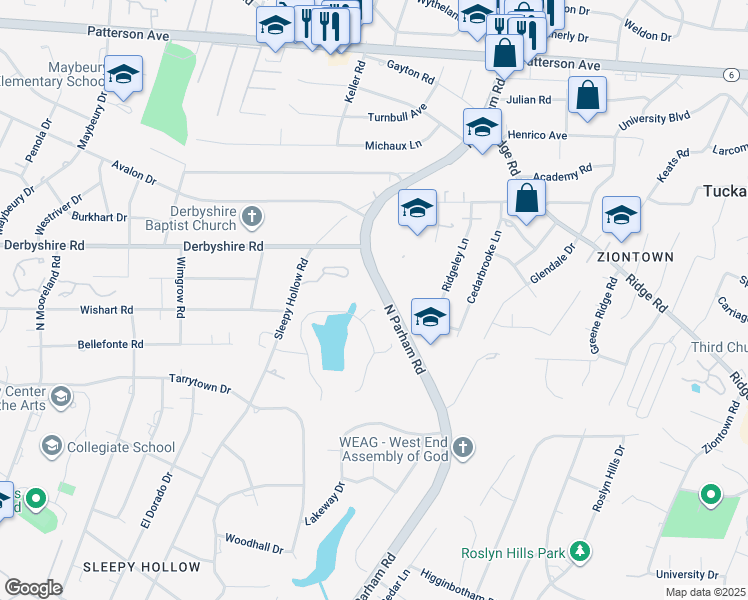 map of restaurants, bars, coffee shops, grocery stores, and more near 8600 Lilly Meadow Court in Henrico