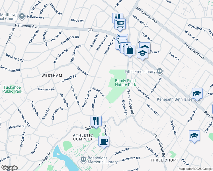 map of restaurants, bars, coffee shops, grocery stores, and more near 607 Gardiner Road in Richmond