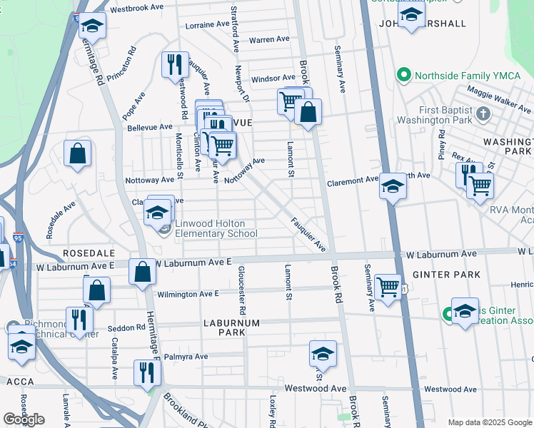 map of restaurants, bars, coffee shops, grocery stores, and more near 1304 Greycourt Avenue in Richmond