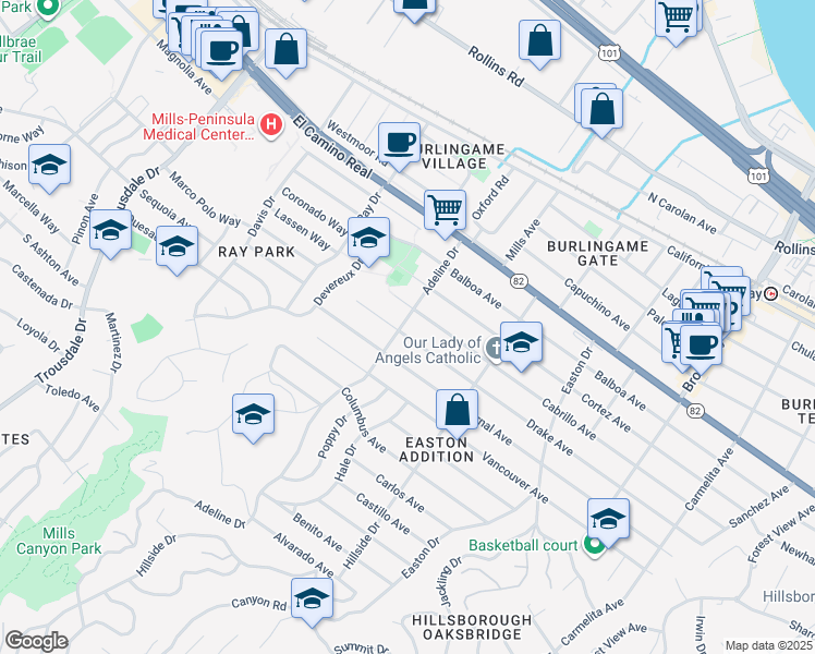 map of restaurants, bars, coffee shops, grocery stores, and more near 1476 Drake Avenue in Burlingame