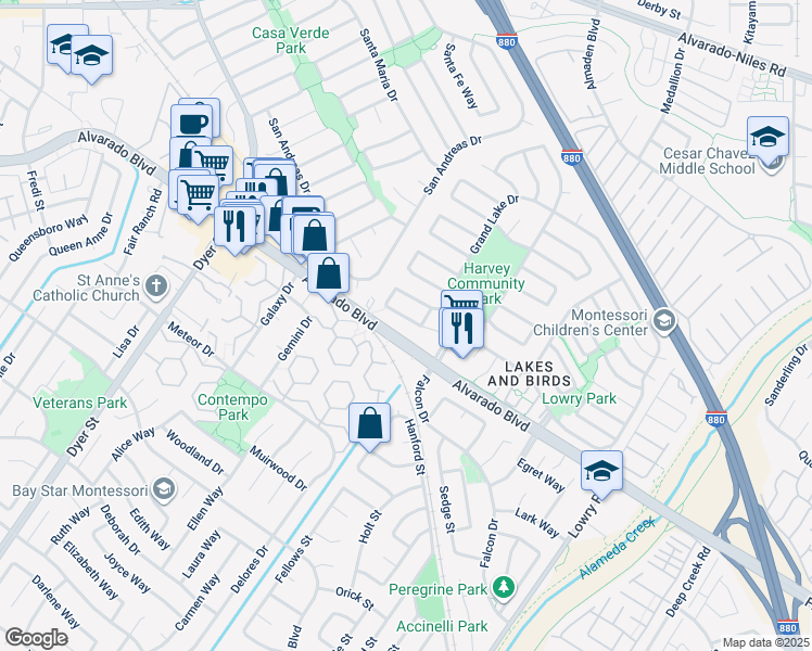 map of restaurants, bars, coffee shops, grocery stores, and more near 32555 Lake Bridgeport Street in Fremont