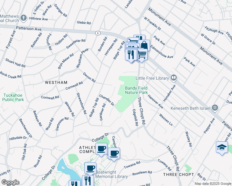 map of restaurants, bars, coffee shops, grocery stores, and more near 607 Gardiner Road in Richmond