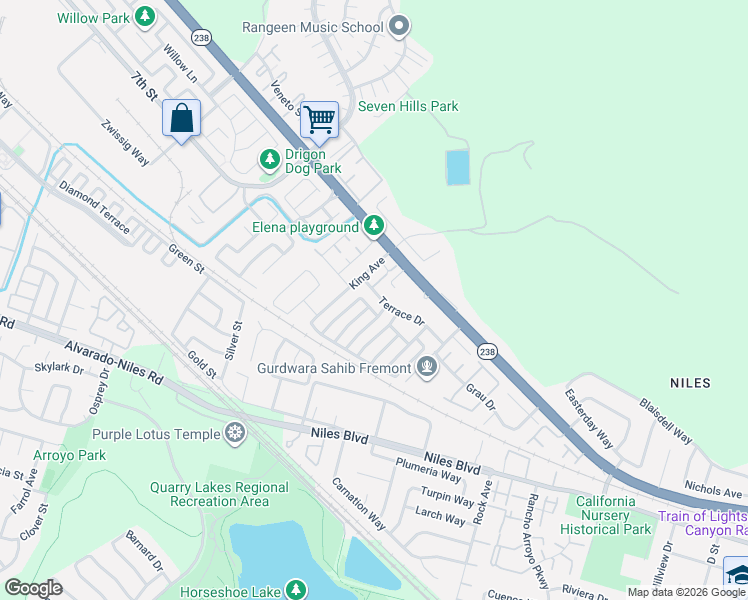 map of restaurants, bars, coffee shops, grocery stores, and more near 100 King Avenue in Fremont