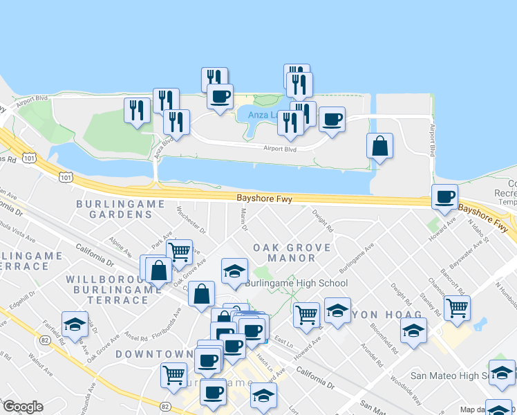 map of restaurants, bars, coffee shops, grocery stores, and more near 501 Marin Drive in Burlingame