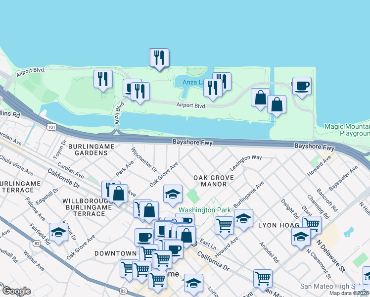 map of restaurants, bars, coffee shops, grocery stores, and more near 501 Marin Drive in Burlingame
