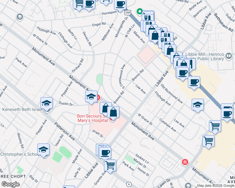 map of restaurants, bars, coffee shops, grocery stores, and more near 5901 South Crestwood Avenue in Richmond