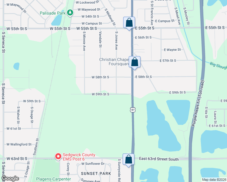 map of restaurants, bars, coffee shops, grocery stores, and more near 5945 Jones Street in Wichita