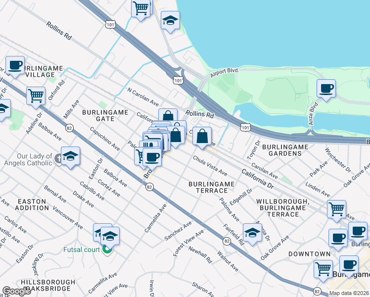 map of restaurants, bars, coffee shops, grocery stores, and more near 1116 Chula Vista Avenue in Burlingame