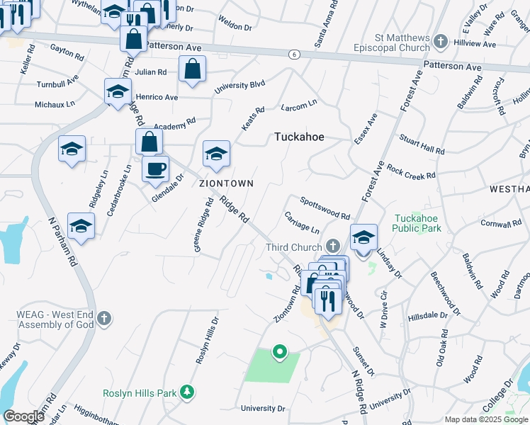 map of restaurants, bars, coffee shops, grocery stores, and more near 8244 Ridge Road in Richmond