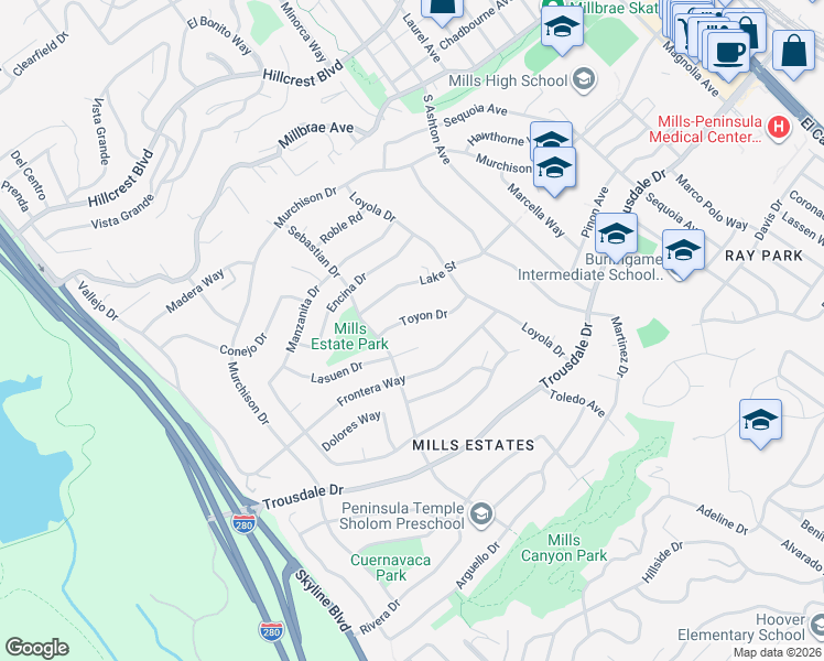 map of restaurants, bars, coffee shops, grocery stores, and more near 1259 Toyon Drive in Millbrae