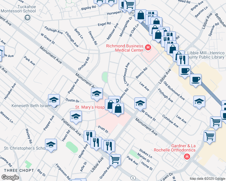 map of restaurants, bars, coffee shops, grocery stores, and more near 5910 Morningside Drive in Richmond