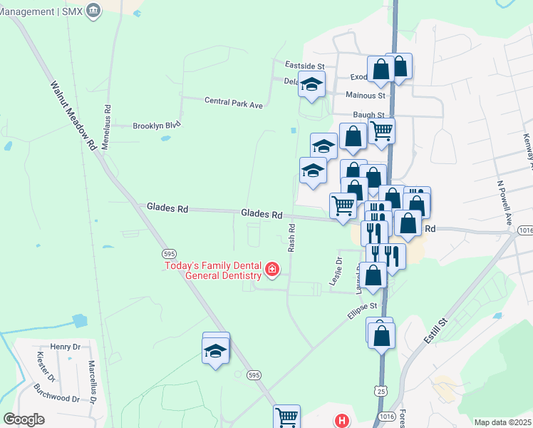 map of restaurants, bars, coffee shops, grocery stores, and more near 279 Glades Road in Berea