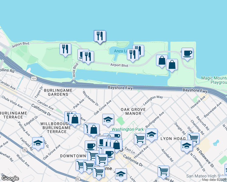 map of restaurants, bars, coffee shops, grocery stores, and more near 501 Marin Drive in Burlingame