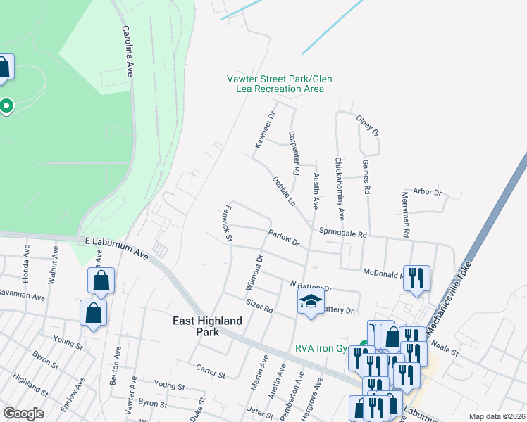 map of restaurants, bars, coffee shops, grocery stores, and more near 1723 Debbie Lane in Richmond