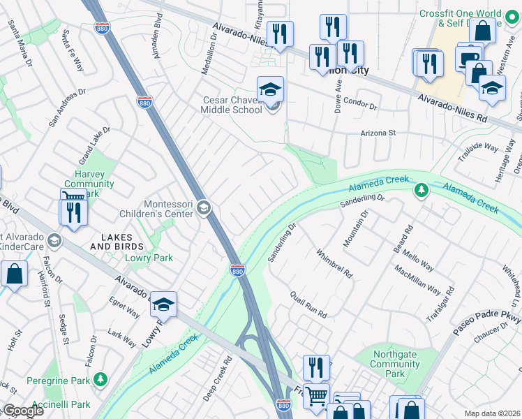 map of restaurants, bars, coffee shops, grocery stores, and more near 51 Palm Drive in Union City