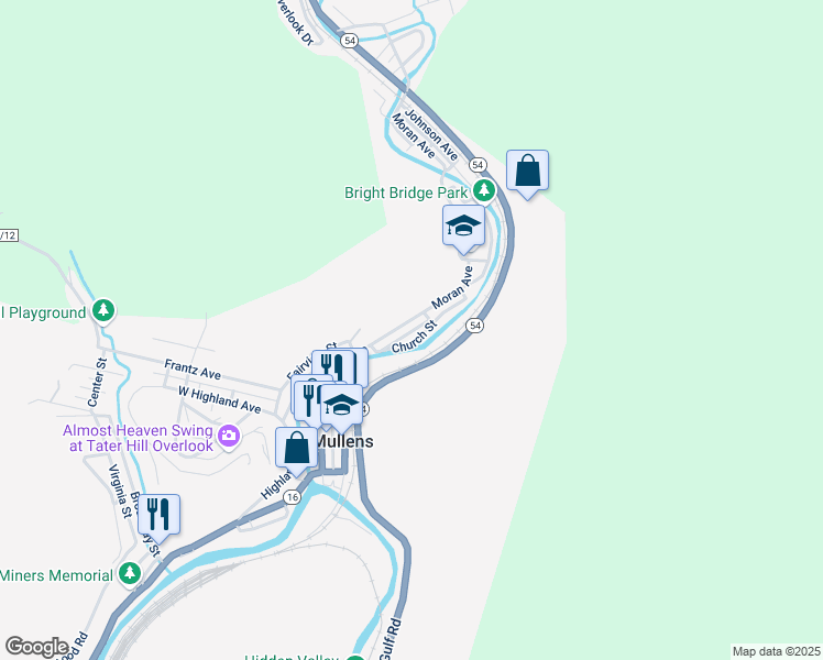 map of restaurants, bars, coffee shops, grocery stores, and more near 530 Moran Avenue in Mullens