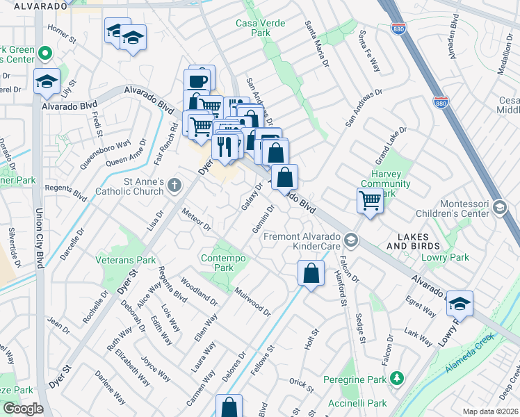 map of restaurants, bars, coffee shops, grocery stores, and more near 32325 Pegasus Court in Union City