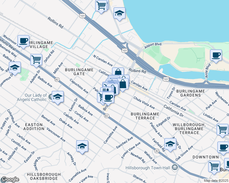 map of restaurants, bars, coffee shops, grocery stores, and more near 1134 Broadway in Burlingame