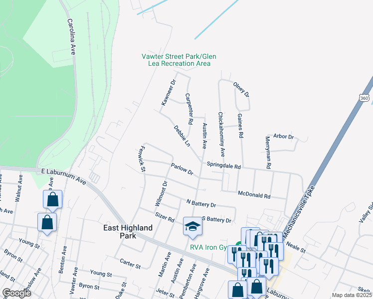 map of restaurants, bars, coffee shops, grocery stores, and more near 1802 Debbie Lane in Richmond