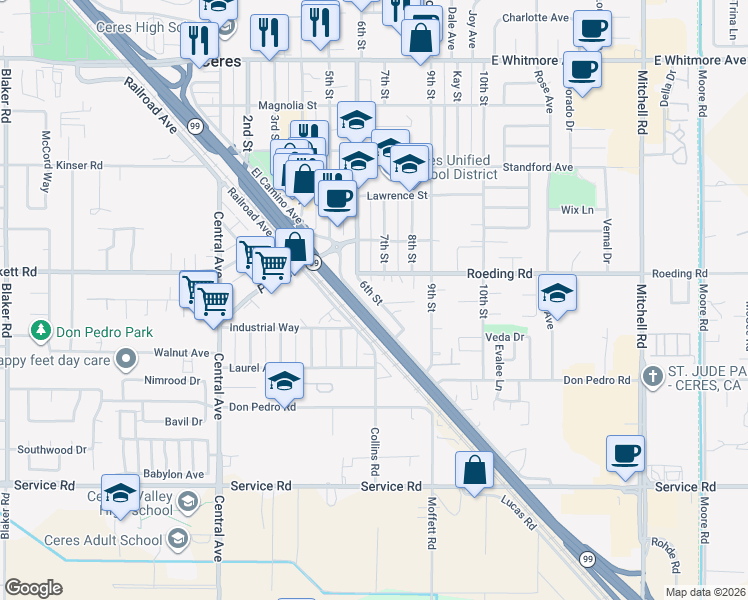 map of restaurants, bars, coffee shops, grocery stores, and more near 3430 El Camino Avenue in Ceres