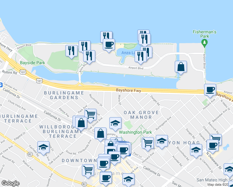 map of restaurants, bars, coffee shops, grocery stores, and more near 501 Marin Drive in Burlingame