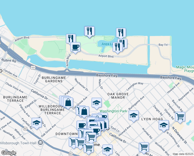 map of restaurants, bars, coffee shops, grocery stores, and more near 500 Francisco Drive in Burlingame