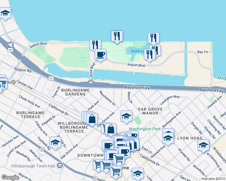 map of restaurants, bars, coffee shops, grocery stores, and more near 1 Winchester Place in Burlingame