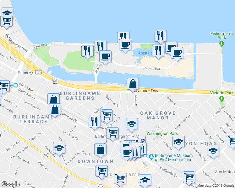 map of restaurants, bars, coffee shops, grocery stores, and more near 1 Winchester Place in Burlingame