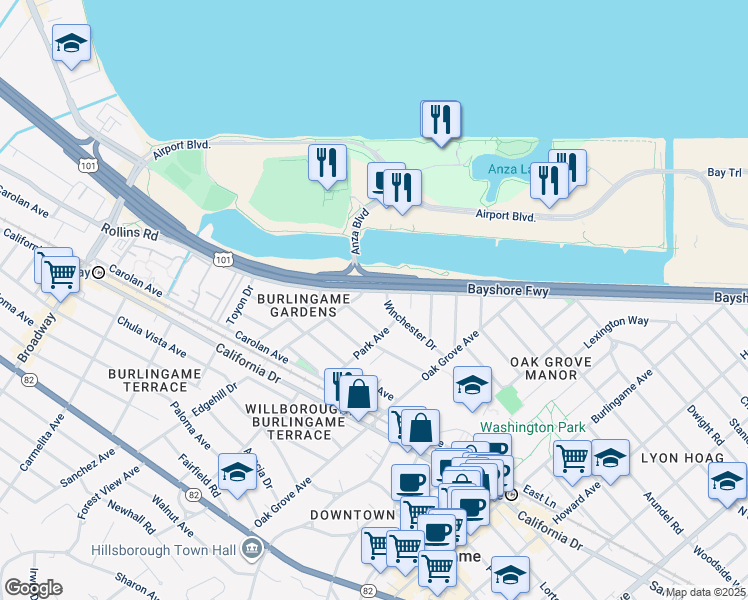 map of restaurants, bars, coffee shops, grocery stores, and more near 821 Winchester Drive in Burlingame