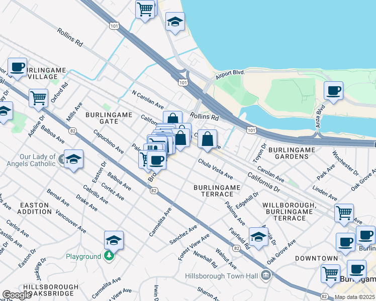 map of restaurants, bars, coffee shops, grocery stores, and more near 1190 California Drive in Burlingame