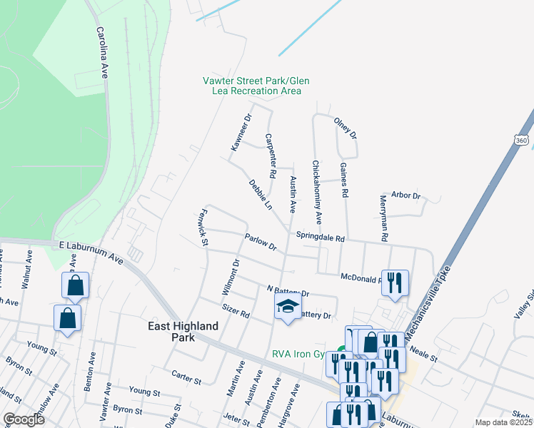 map of restaurants, bars, coffee shops, grocery stores, and more near 1802 Debbie Lane in Richmond