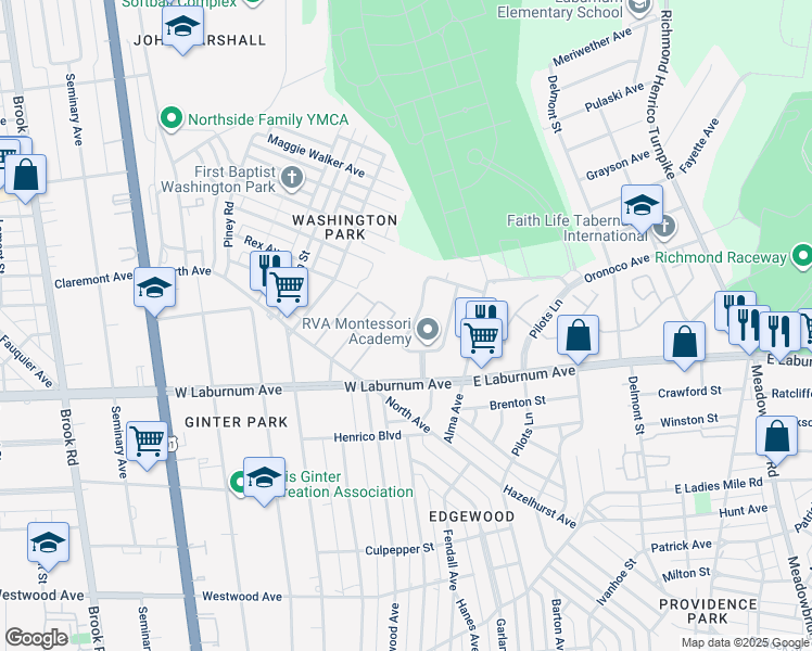 map of restaurants, bars, coffee shops, grocery stores, and more near 3918 West Chatham Drive in Richmond