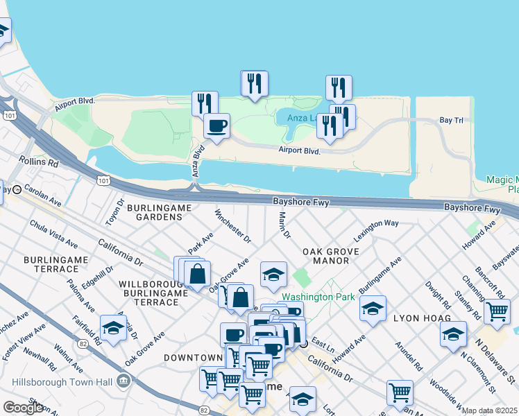 map of restaurants, bars, coffee shops, grocery stores, and more near 681 Rollins Road in Burlingame