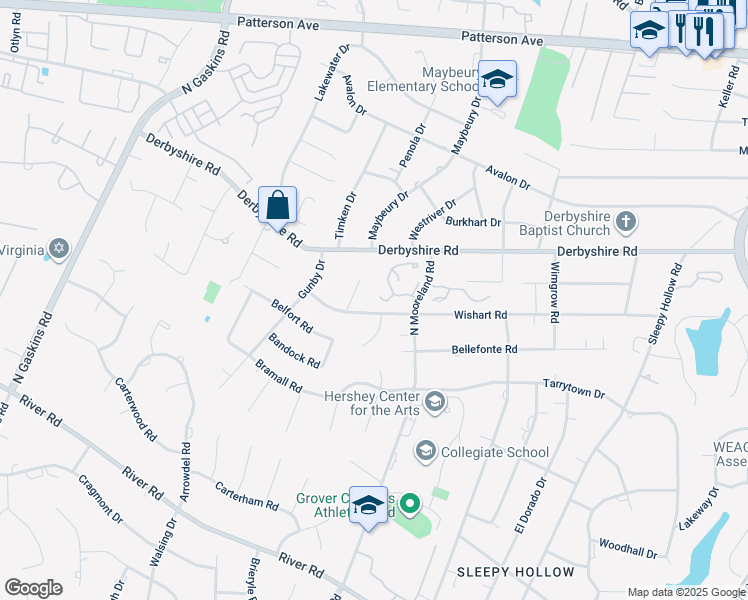 map of restaurants, bars, coffee shops, grocery stores, and more near 9010 Wood Sorrel Court in Richmond