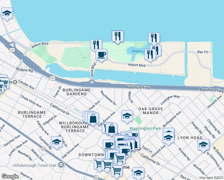 map of restaurants, bars, coffee shops, grocery stores, and more near 721 Rollins Road in Burlingame