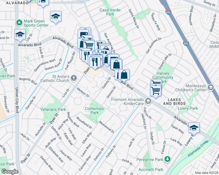 map of restaurants, bars, coffee shops, grocery stores, and more near 32325 Pegasus Court in Union City